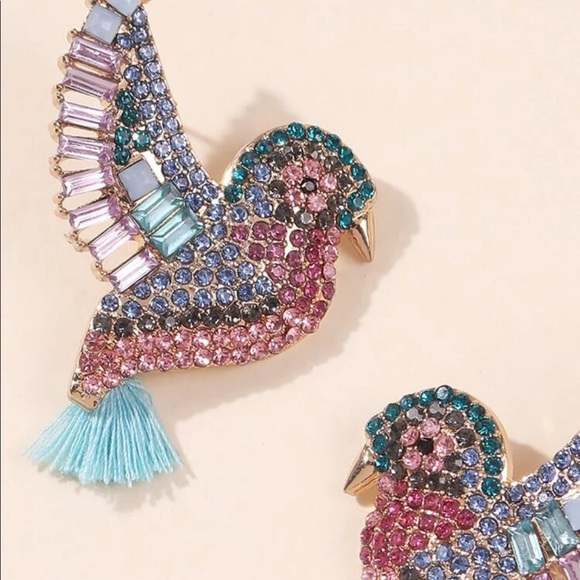 Bird earrings rhinstone stud tassel blue pink jewelry cute animal - Picture 3 of 5